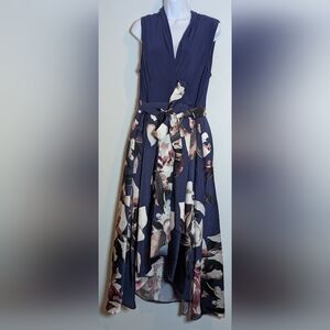 Petite Cocktail Dress with High-Low Floral Printed Mikado Silk Skirt With Pocket